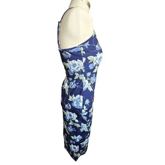 Navy Blue Floral Bodycon Midi Dress With Spaghetti Straps Size L 8/10 JJ3940 - Picture 6 of 9